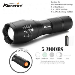 Tactical T6-LED Flashlight, Zoomable with 5 Modes for AAA or 18650 Rechargeable battery