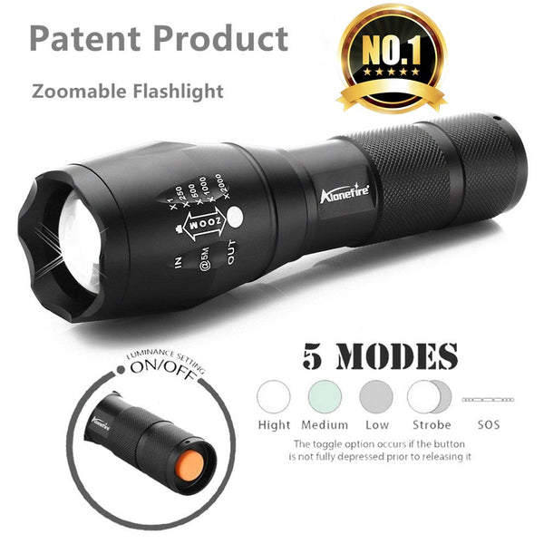 Tactical T6-LED Flashlight, Zoomable with 5 Modes for AAA or 18650 Rechargeable battery