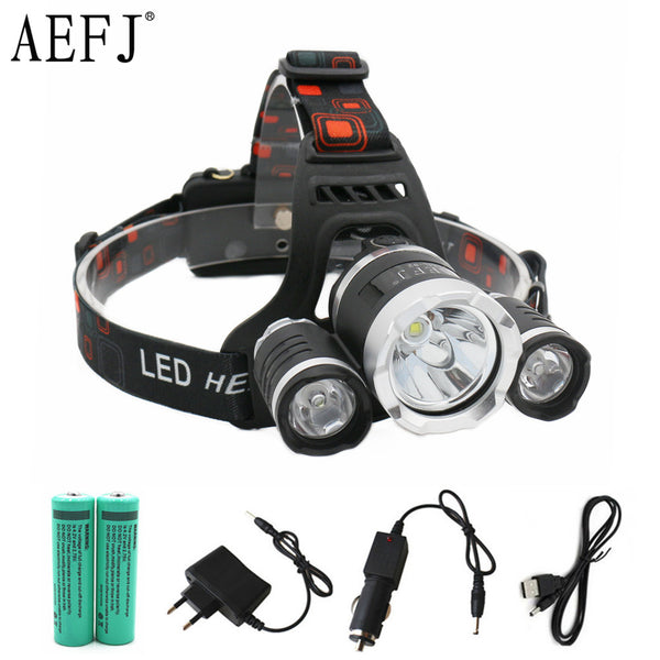 13000LM LED T6+2R5 Headlamp Headlight Head Lamp lighting Light Flashlight Torch Lantern Fishing+18650 battery+Car USB AC Charger