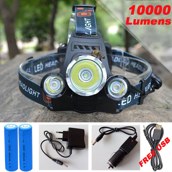 10000Lm CREE XML T6+2R5 LED Headlight Headlamp Head Lamp Light 4mode torch +2x18650 battery+EU/US Car charger for fishing Lights