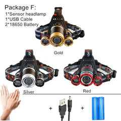 2,000 Lumens 3T6 LED Rechargable 18650 battery Headlight with 4 Lighting Modes & Sensor LED