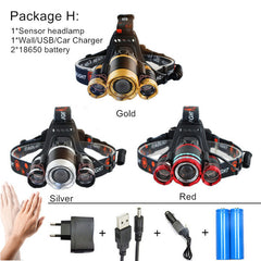 2,000 Lumens 3T6 LED Rechargable 18650 battery Headlight with 4 Lighting Modes & Sensor LED