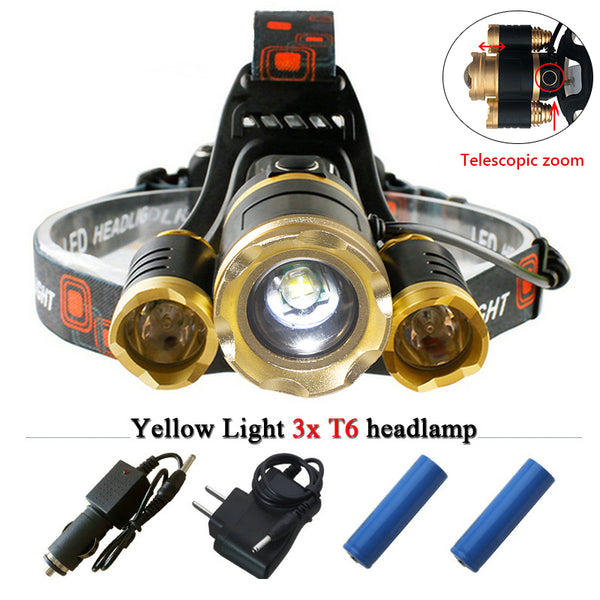 Powerful LED headlight 3T6 LED, 12,000 Lumens Headlight Zoomable, Rechargeable 18650 battery