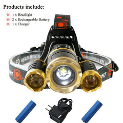 Powerful LED headlight 3T6 LED, 12,000 Lumens Headlight Zoomable, Rechargeable 18650 battery