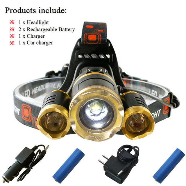 Powerful LED headlight 3T6 LED, 12,000 Lumens Headlight Zoomable, Rechargeable 18650 battery